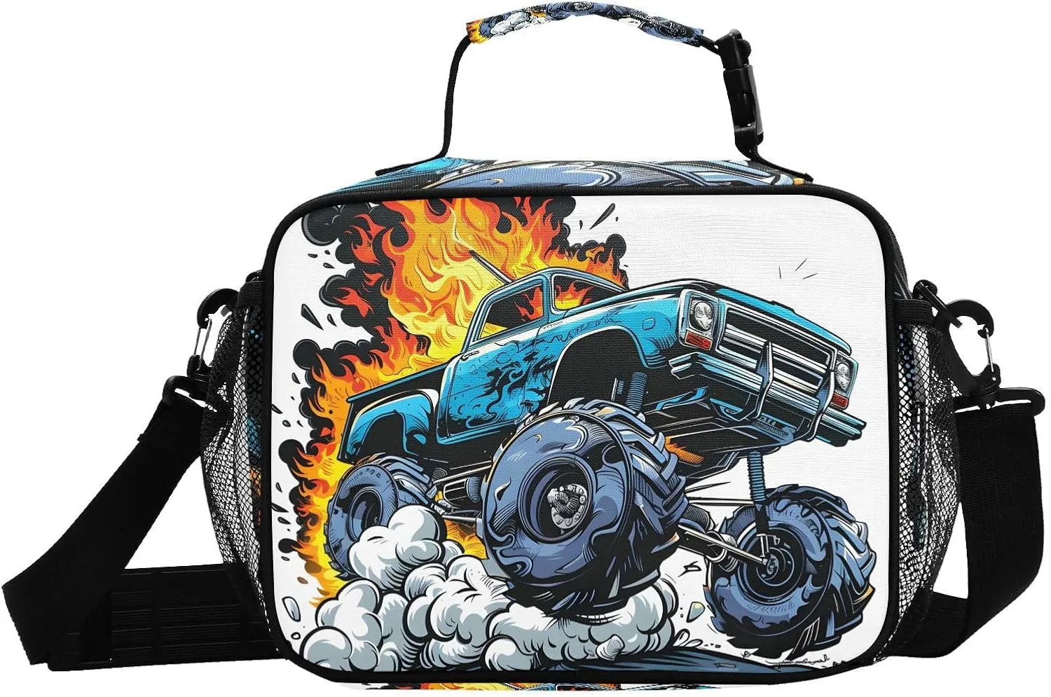 Monster Trucks Blue Lunch Box for Boys Girls Insulated Lunch Bag Kids Cooler Tote Shoulder Strap Reusable School Picnic Travel Office