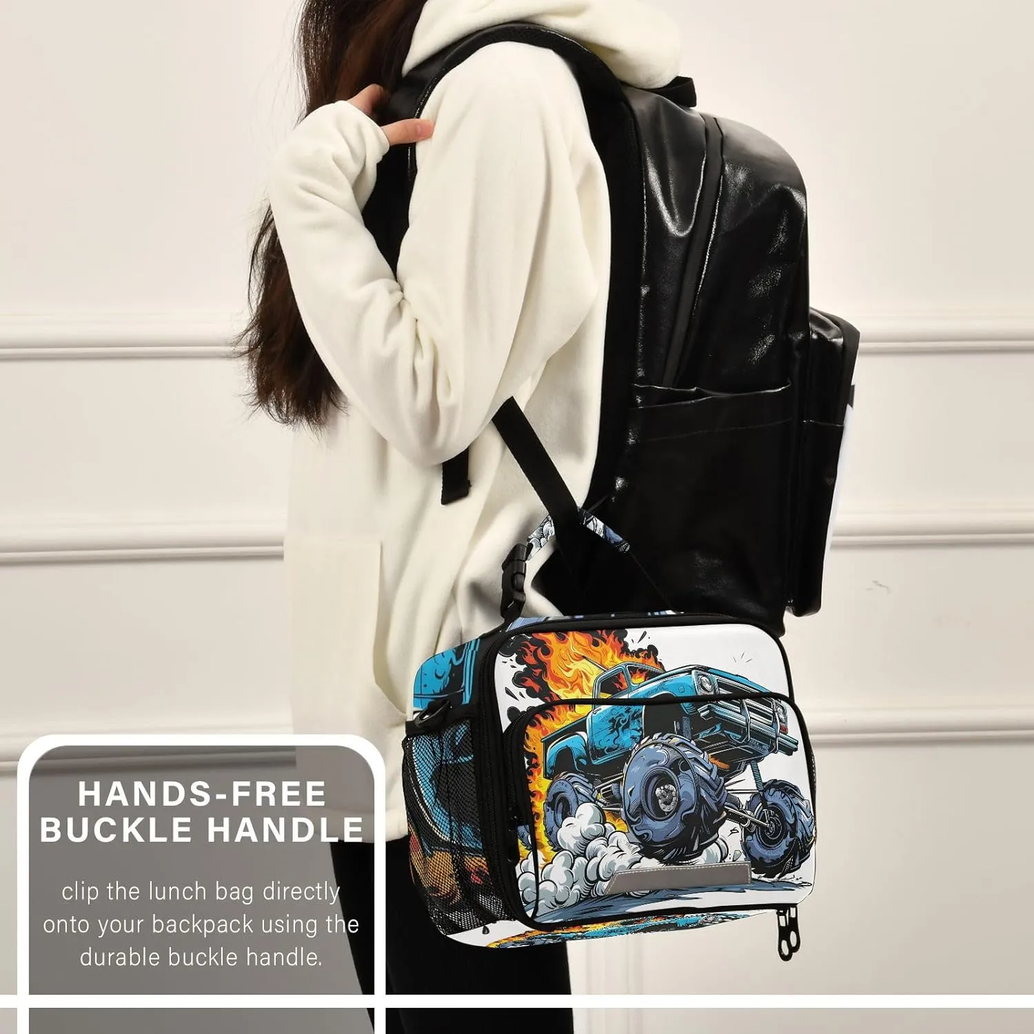 Monster Trucks Blue Lunch Box for Boys Girls Insulated Lunch Bag Kids Cooler Tote Shoulder Strap Reusable School Picnic Travel Office