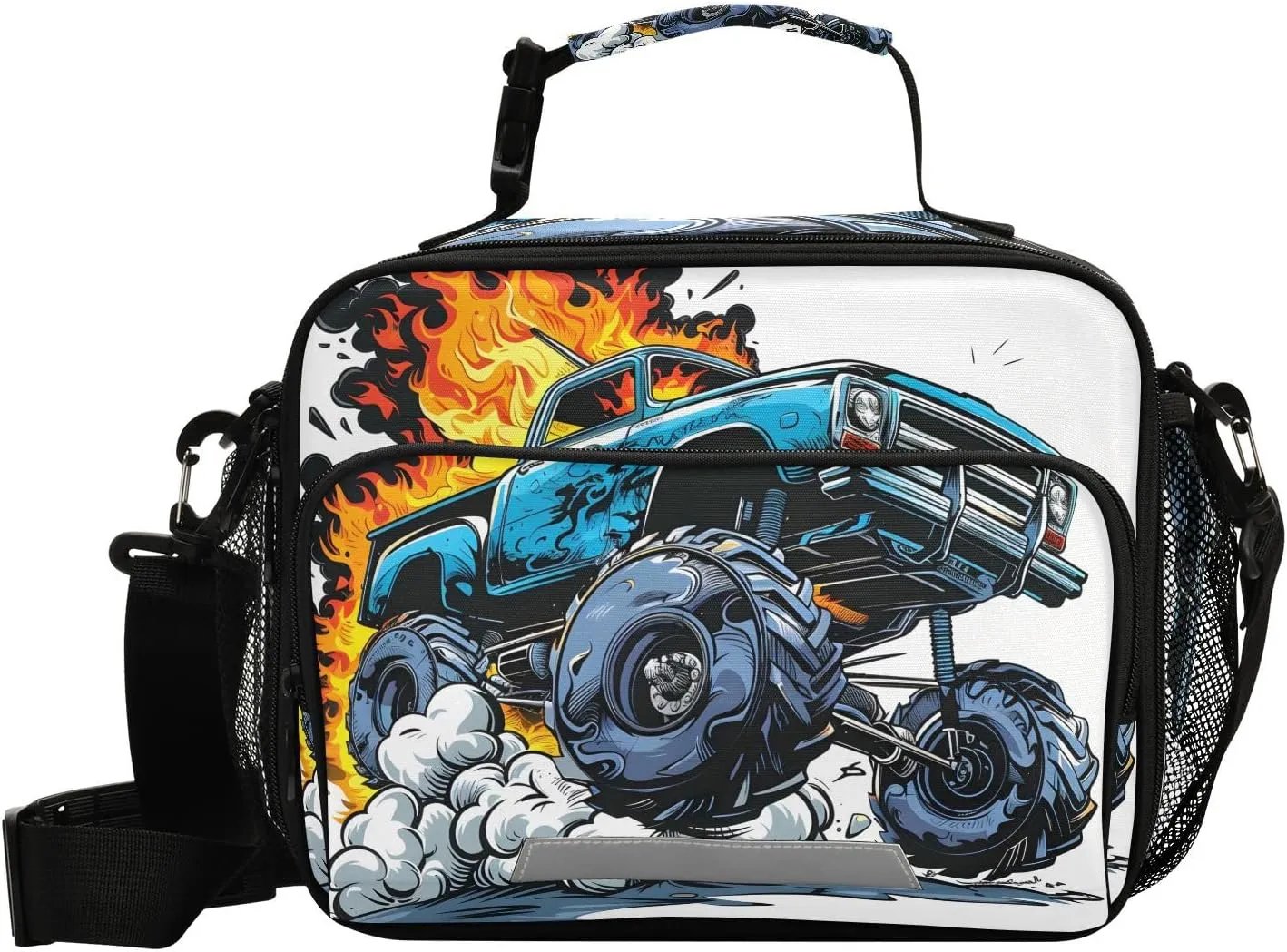 Monster Trucks Blue Lunch Box for Boys Girls Insulated Lunch Bag Kids Cooler Tote Shoulder Strap Reusable School Picnic Travel Office