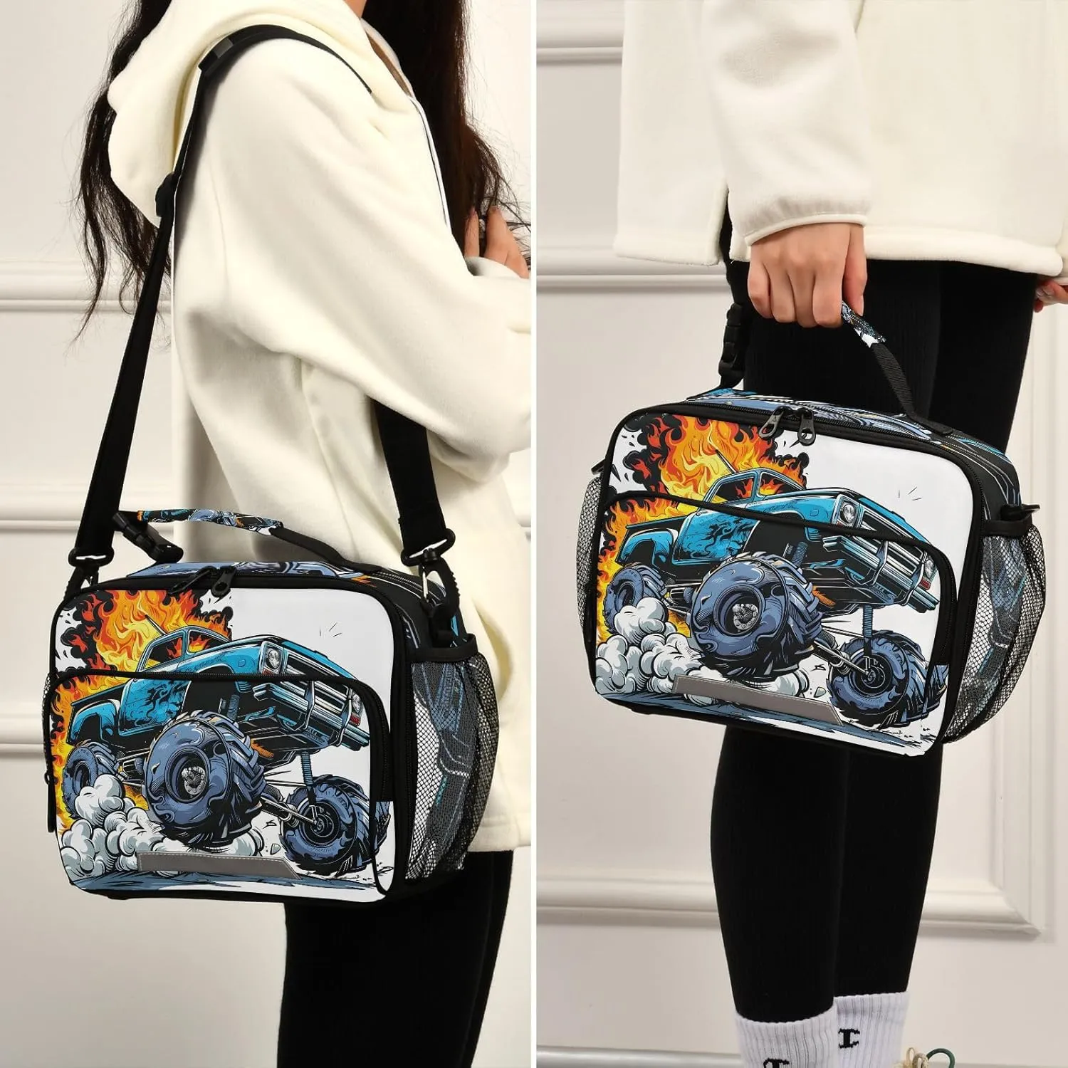 Monster Trucks Blue Lunch Box for Boys Girls Insulated Lunch Bag Kids Cooler Tote Shoulder Strap Reusable School Picnic Travel Office