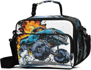 Monster Trucks Blue Lunch Box for Boys Girls Insulated Lunch Bag Kids Cooler Tote Shoulder Strap Reusable School Picnic Travel Office