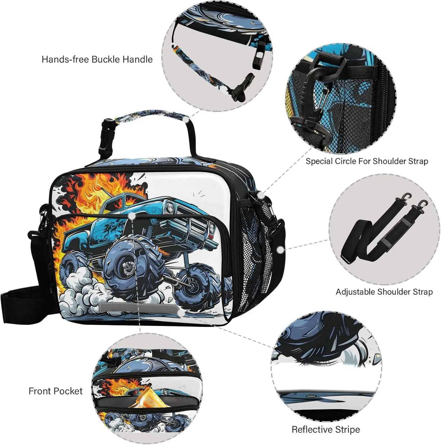 Monster Trucks Blue Lunch Box for Boys Girls Insulated Lunch Bag Kids Cooler Tote Shoulder Strap Reusable School Picnic Travel Office