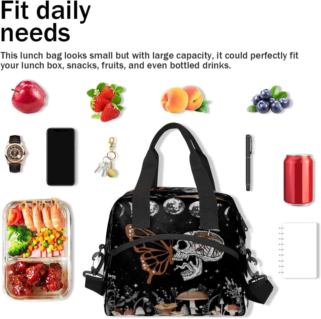 Moon Phase Skull Skeleton Lunch Bag Large Capacity Insulated Lunch Box with Adjustable Shoulder Strap Leakproof Reusable Lunch Tote Bag for Men Women Work Office Picnic Gift