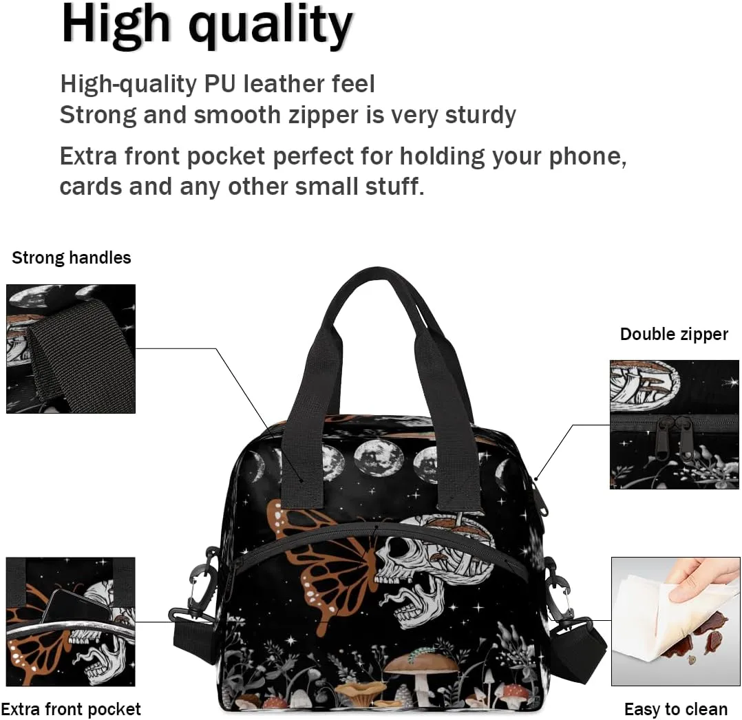 Moon Phase Skull Skeleton Lunch Bag Large Capacity Insulated Lunch Box with Adjustable Shoulder Strap Leakproof Reusable Lunch Tote Bag for Men Women Work Office Picnic Gift