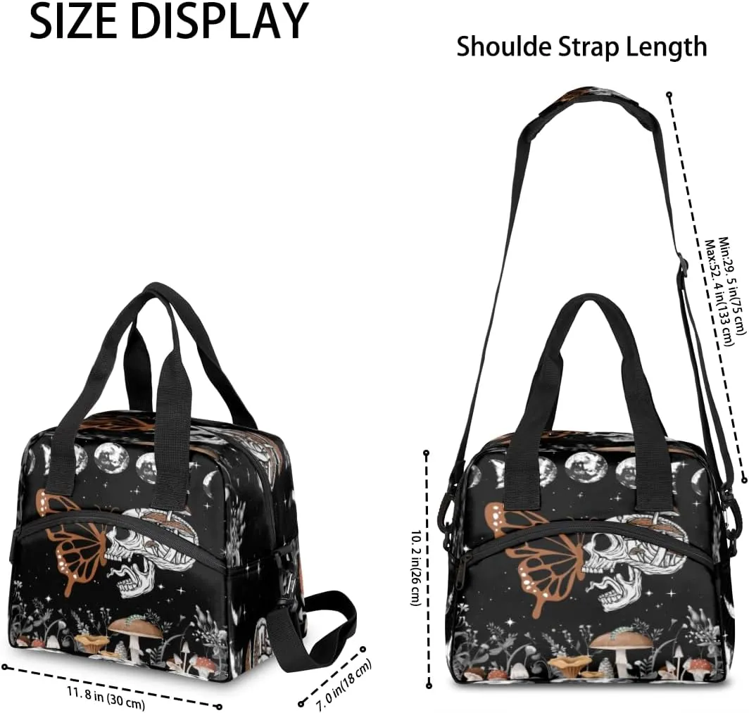 Moon Phase Skull Skeleton Lunch Bag Large Capacity Insulated Lunch Box with Adjustable Shoulder Strap Leakproof Reusable Lunch Tote Bag for Men Women Work Office Picnic Gift