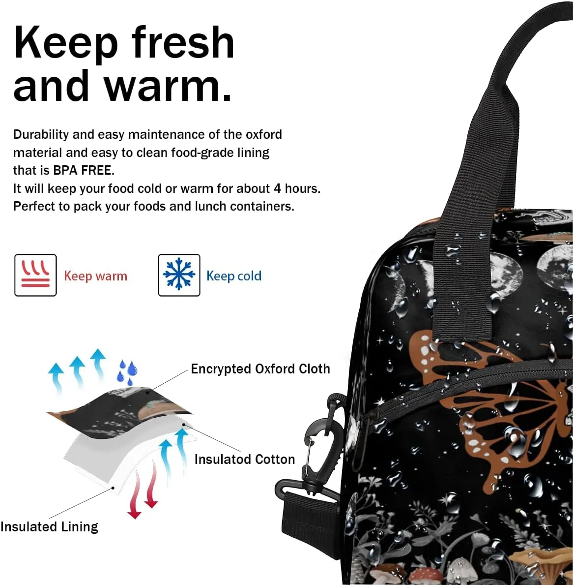 Moon Phase Skull Skeleton Lunch Bag Large Capacity Insulated Lunch Box with Adjustable Shoulder Strap Leakproof Reusable Lunch Tote Bag for Men Women Work Office Picnic Gift