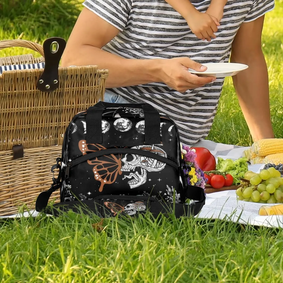 Moon Phase Skull Skeleton Lunch Bag Large Capacity Insulated Lunch Box with Adjustable Shoulder Strap Leakproof Reusable Lunch Tote Bag for Men Women Work Office Picnic Gift