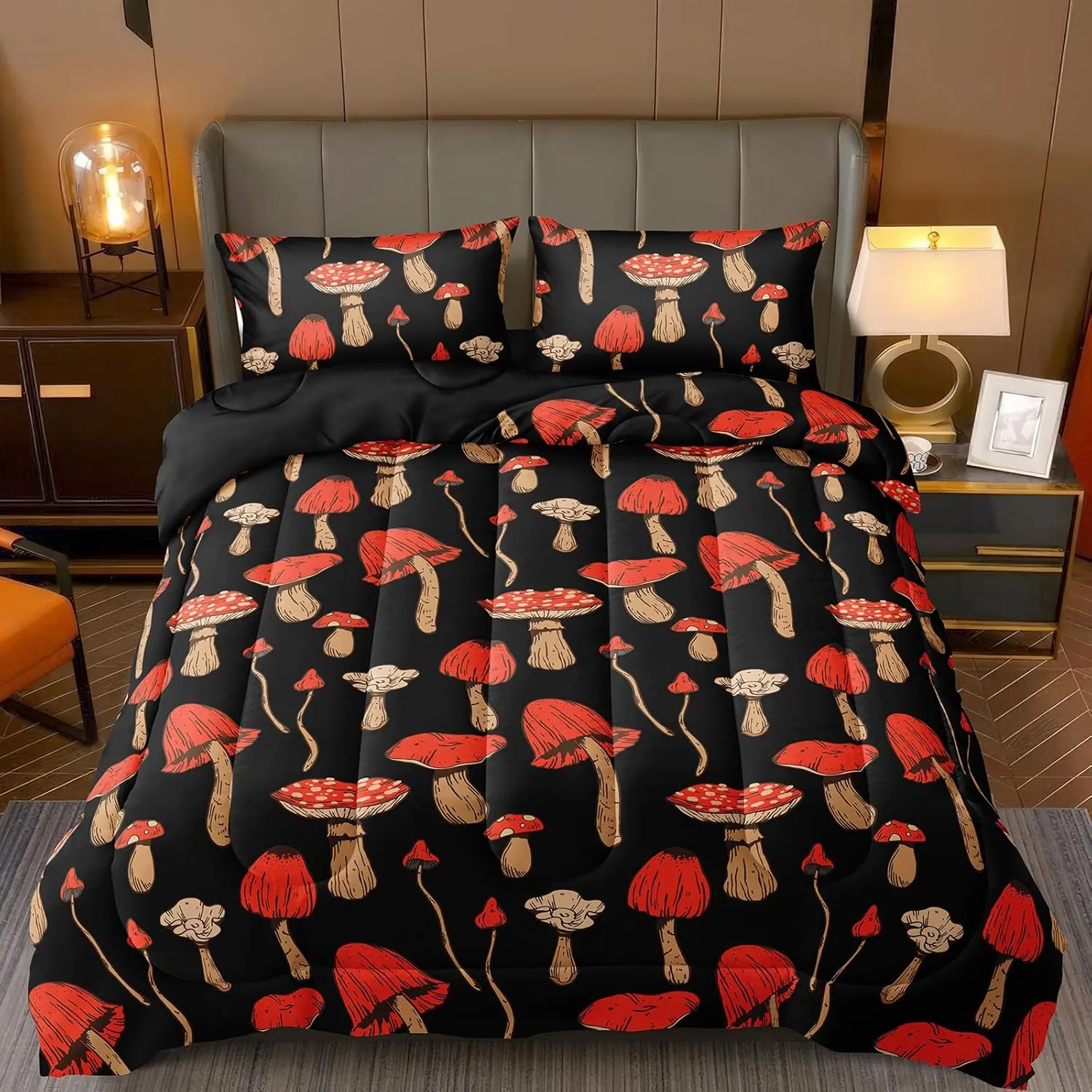 MOVE OVER Mushrooms Comforter Set Black and Red Gothic Bedding Set 4 Pieces Queen Size Wild Fungus Plant Bedding Comforter Sets Ultra Soft and Lightweight Red Botanical Plants Bedroom Comforter Sets