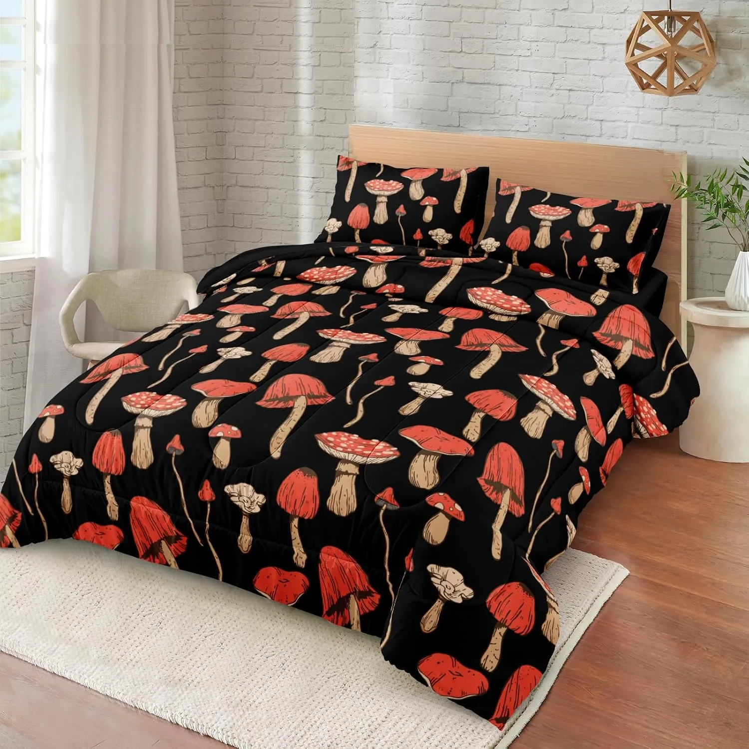 MOVE OVER Mushrooms Comforter Set Black and Red Gothic Bedding Set 4 Pieces Queen Size Wild Fungus Plant Bedding Comforter Sets Ultra Soft and Lightweight Red Botanical Plants Bedroom Comforter Sets