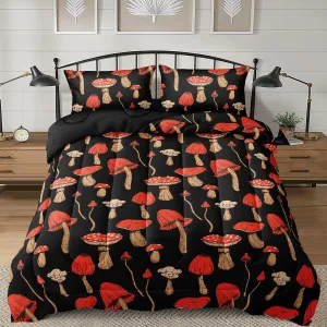MOVE OVER Mushrooms Comforter Set Black and Red Gothic Bedding Set 4 Pieces Queen Size Wild Fungus Plant Bedding Comforter Sets Ultra Soft and Lightweight Red Botanical Plants Bedroom Comforter Sets