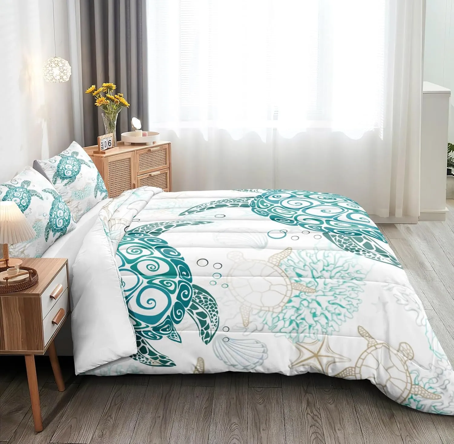 MOVE OVER Ocean Turtle Comforter Set Queen Size Teal Blue Ocean Bedding Set for Summer 4 Pieces White and Teal Sea Turtle Pattern Beachy Comforter Sets for Girls Boys Teens