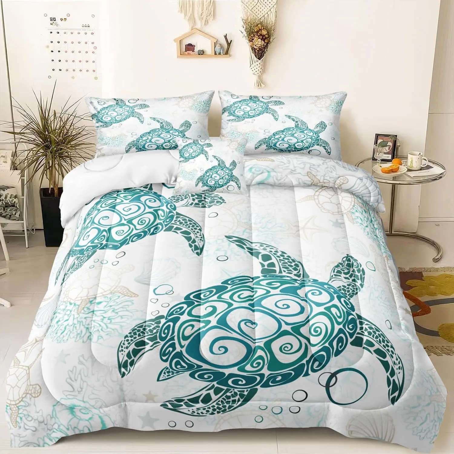 MOVE OVER Ocean Turtle Comforter Set Queen Size Teal Blue Ocean Bedding Set for Summer 4 Pieces White and Teal Sea Turtle Pattern Beachy Comforter Sets for Girls Boys Teens