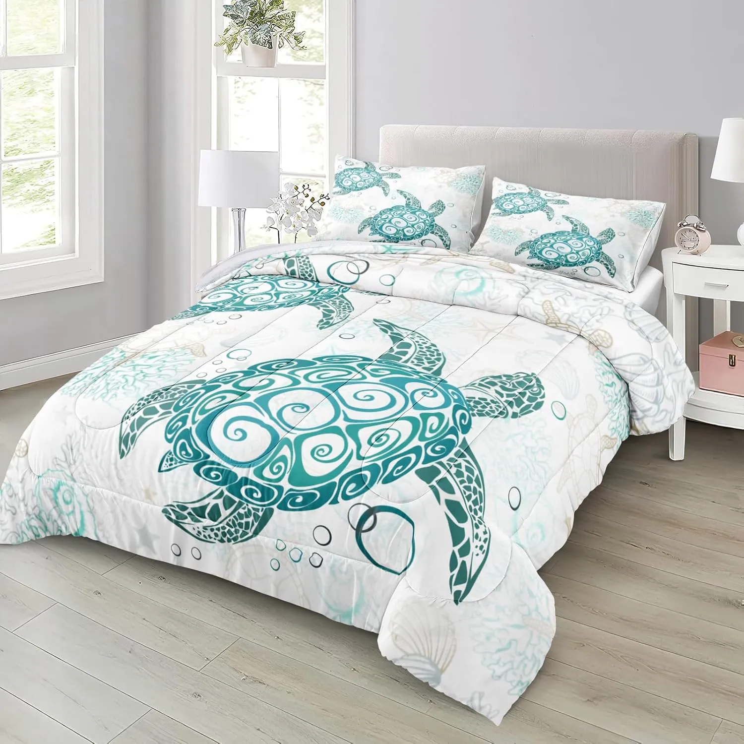 MOVE OVER Ocean Turtle Comforter Set Queen Size Teal Blue Ocean Bedding Set for Summer 4 Pieces White and Teal Sea Turtle Pattern Beachy Comforter Sets for Girls Boys Teens