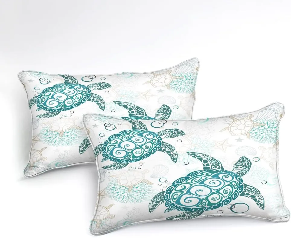 MOVE OVER Ocean Turtle Comforter Set Queen Size Teal Blue Ocean Bedding Set for Summer 4 Pieces White and Teal Sea Turtle Pattern Beachy Comforter Sets for Girls Boys Teens
