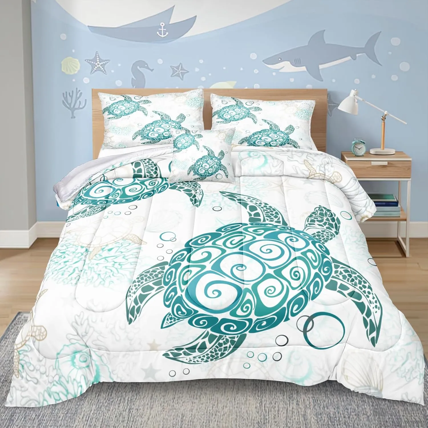 MOVE OVER Ocean Turtle Comforter Set Queen Size Teal Blue Ocean Bedding Set for Summer 4 Pieces White and Teal Sea Turtle Pattern Beachy Comforter Sets for Girls Boys Teens