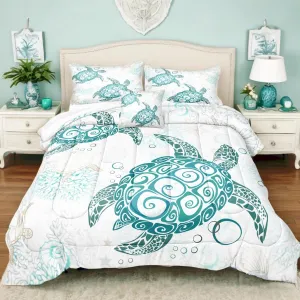 MOVE OVER Ocean Turtle Comforter Set Queen Size Teal Blue Ocean Bedding Set for Summer 4 Pieces White and Teal Sea Turtle Pattern Beachy Comforter Sets for Girls Boys Teens