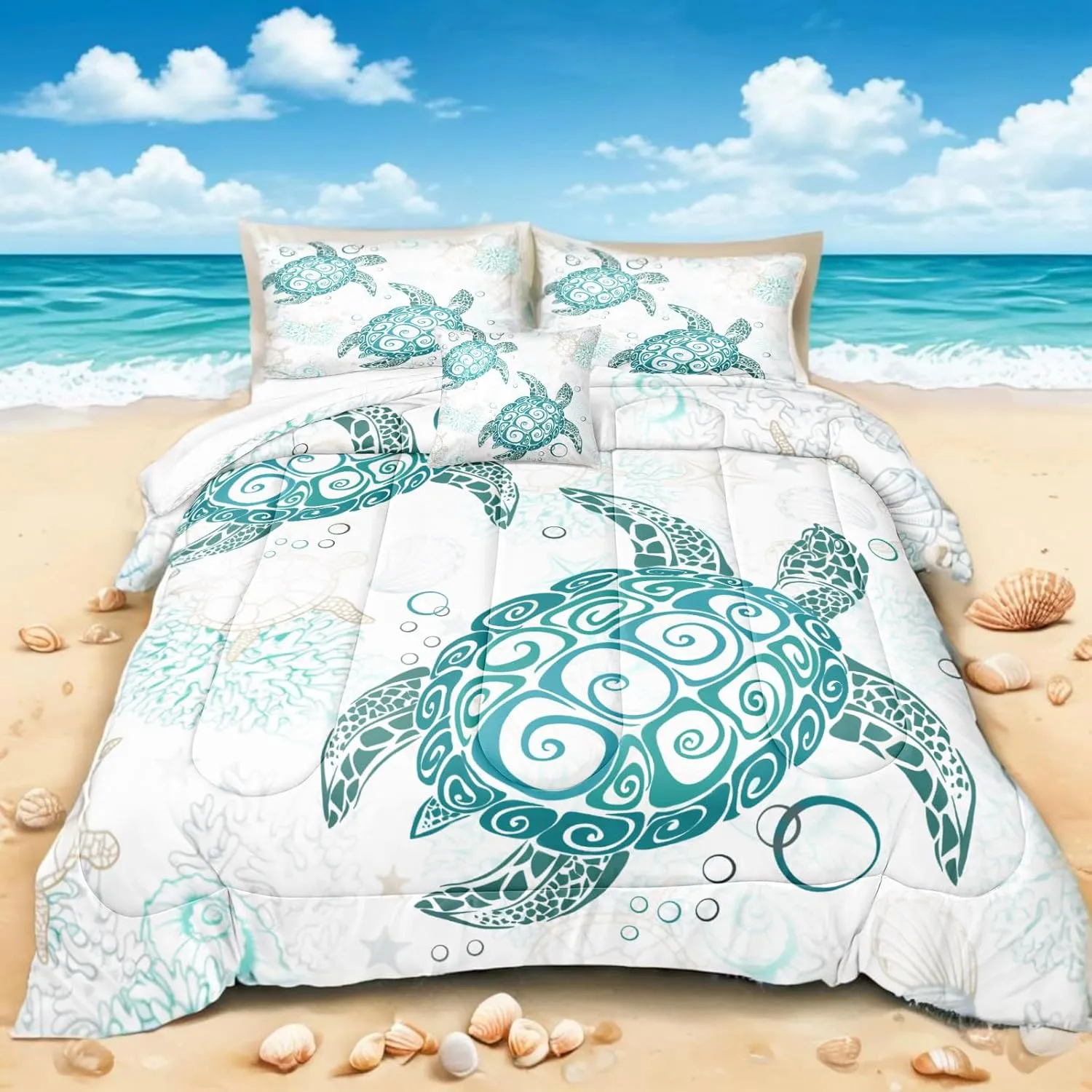 MOVE OVER Ocean Turtle Comforter Set Queen Size Teal Blue Ocean Bedding Set for Summer 4 Pieces White and Teal Sea Turtle Pattern Beachy Comforter Sets for Girls Boys Teens