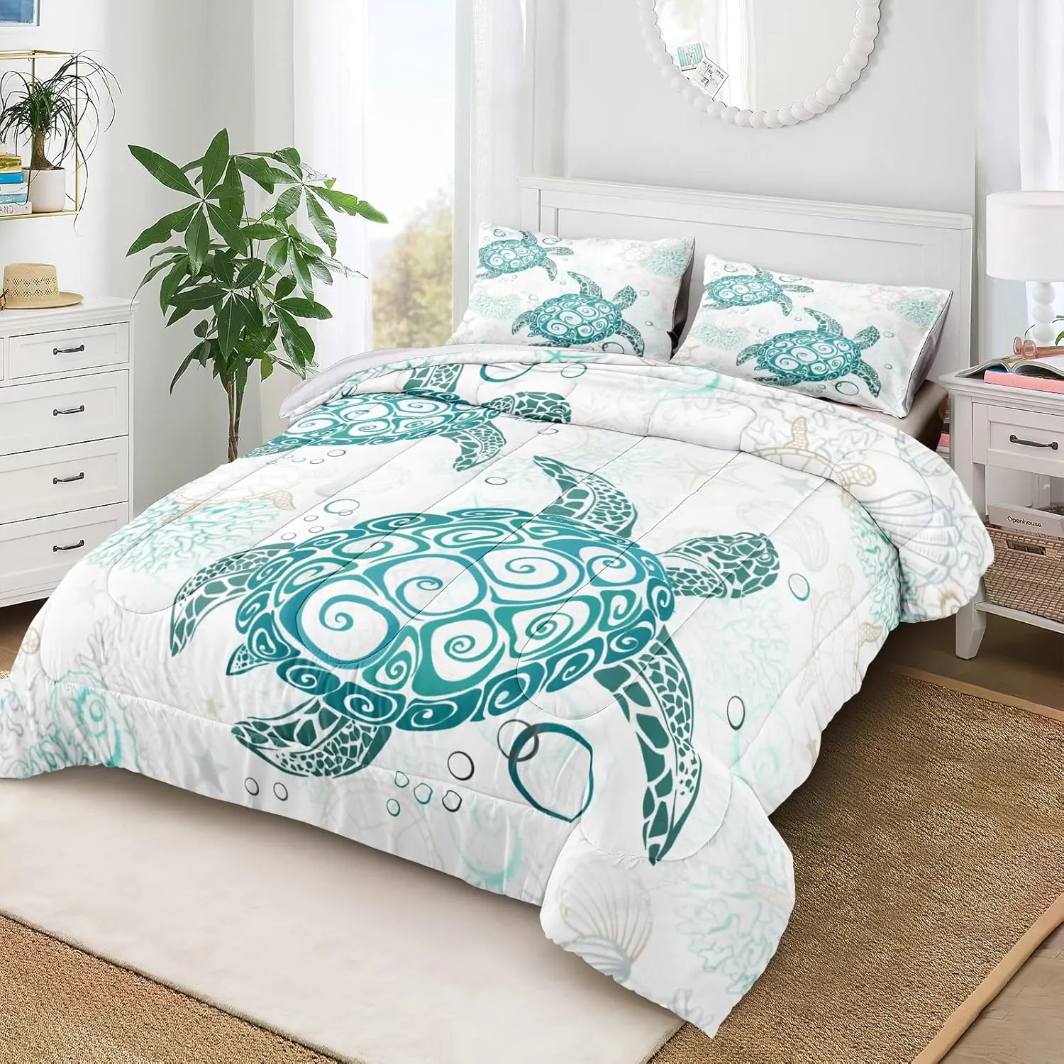 MOVE OVER Ocean Turtle Comforter Set Queen Size Teal Blue Ocean Bedding Set for Summer 4 Pieces White and Teal Sea Turtle Pattern Beachy Comforter Sets for Girls Boys Teens