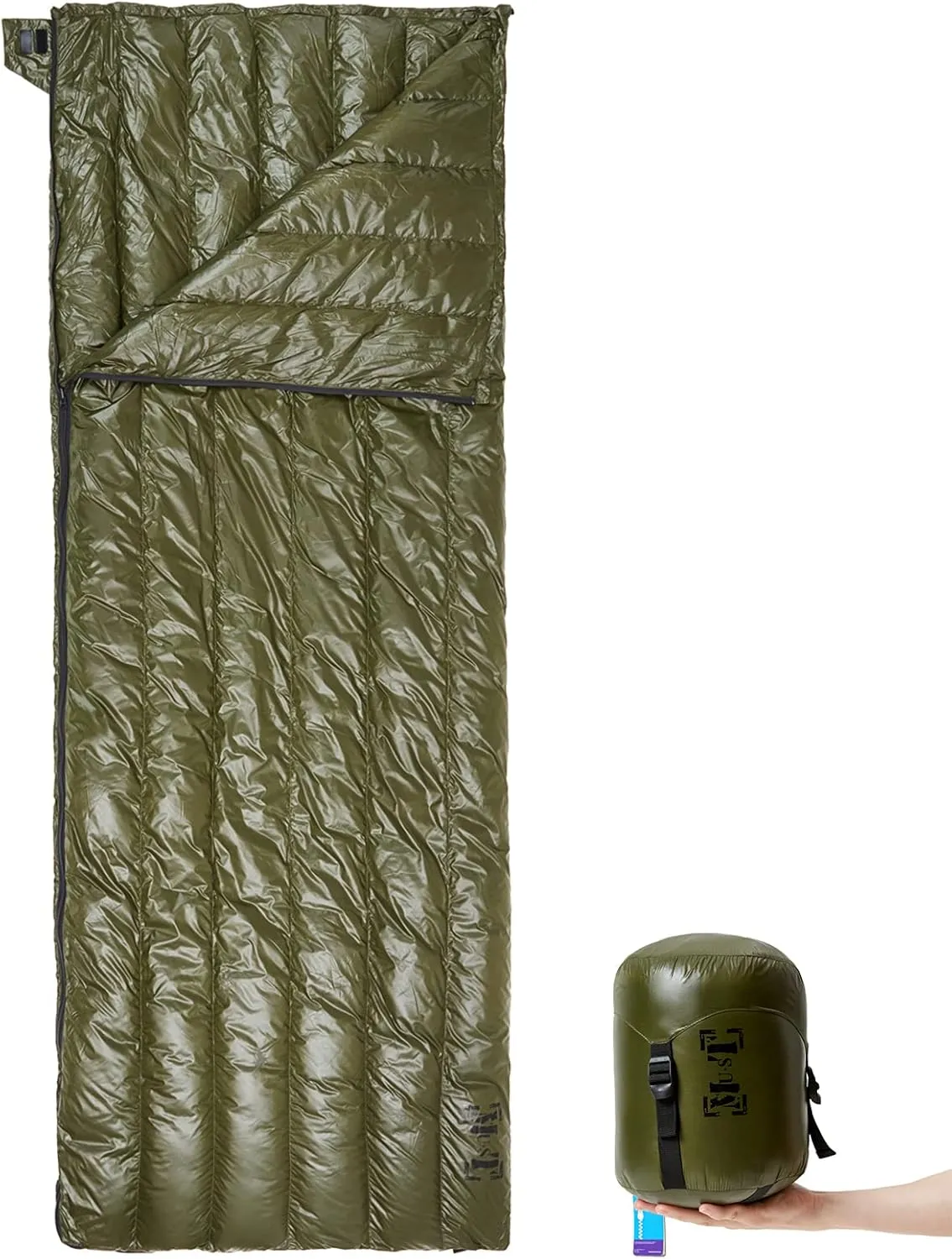 MT Ultralight Down Sleeping Bag 41-68 Degree F 400 Fill Power 3 Seasons - 1.5lbs Compact Portable Waterproof Camping Sleeping Bag with Compression Sack for Adults, Teen, Kids Olive Drab/Woodland
