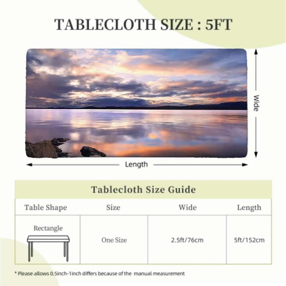 Multicolor Rectangular Table Covers, Sunset Lake Nature Camping Themed Tablecloth Fitted Table Cloth Rectangle Table City Scenery Fits up 5 Foot Tables