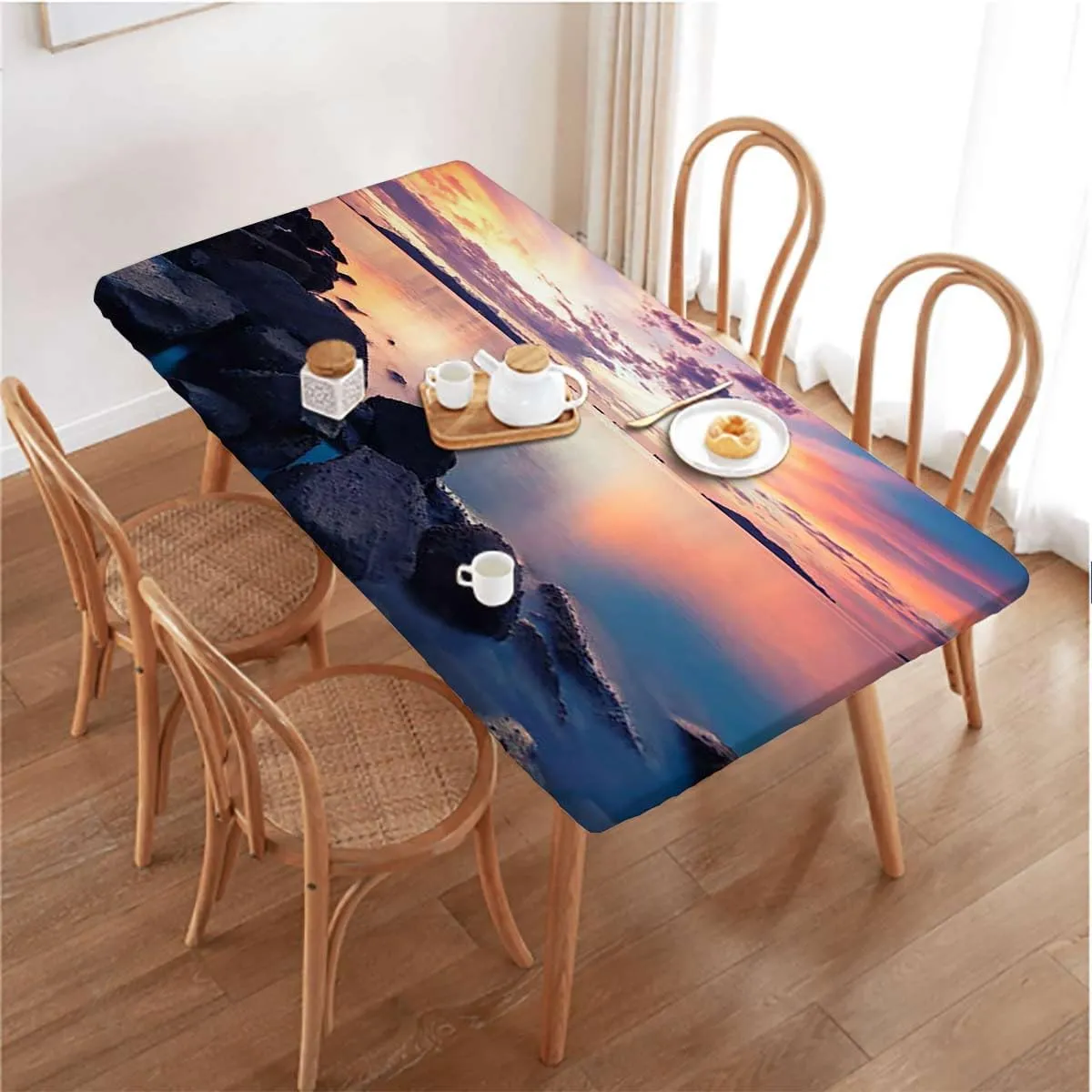 Multicolor Tablecloth for Folding Table Sunset Lake Nature Camping Themed Waterproof Table Cloths for Kitchen Holiday Party Outdoor Picnic City Scenery Fits up 4 Foot Tables