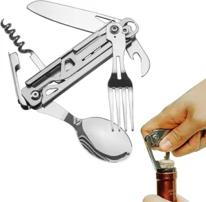 Multifunction Tableware Set | Stainless Steel Camping Utensils Cutlery | Portable Travel Utensil | Foldable Knives Fork Spoon Bottle Opener Combo