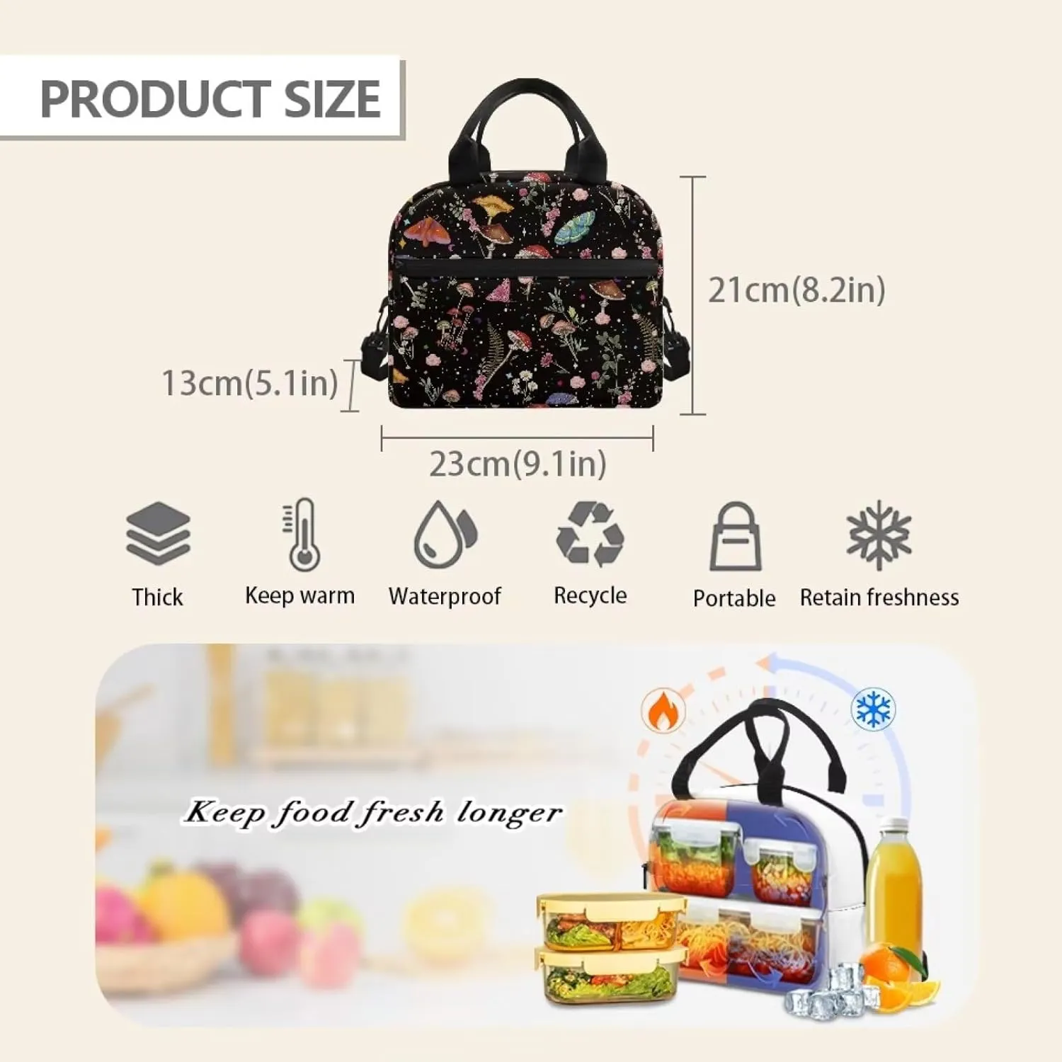 Mushroom Insulated Lunch Bags for Women Small Cute Cooler Bag Moth Floral Lunch Box for Girls Teen Lunch Tote Bag for School Travel Work Cooler Organizer with Strap