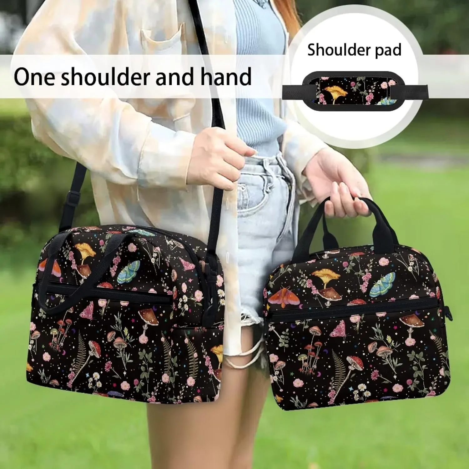 Mushroom Insulated Lunch Bags for Women Small Cute Cooler Bag Moth Floral Lunch Box for Girls Teen Lunch Tote Bag for School Travel Work Cooler Organizer with Strap