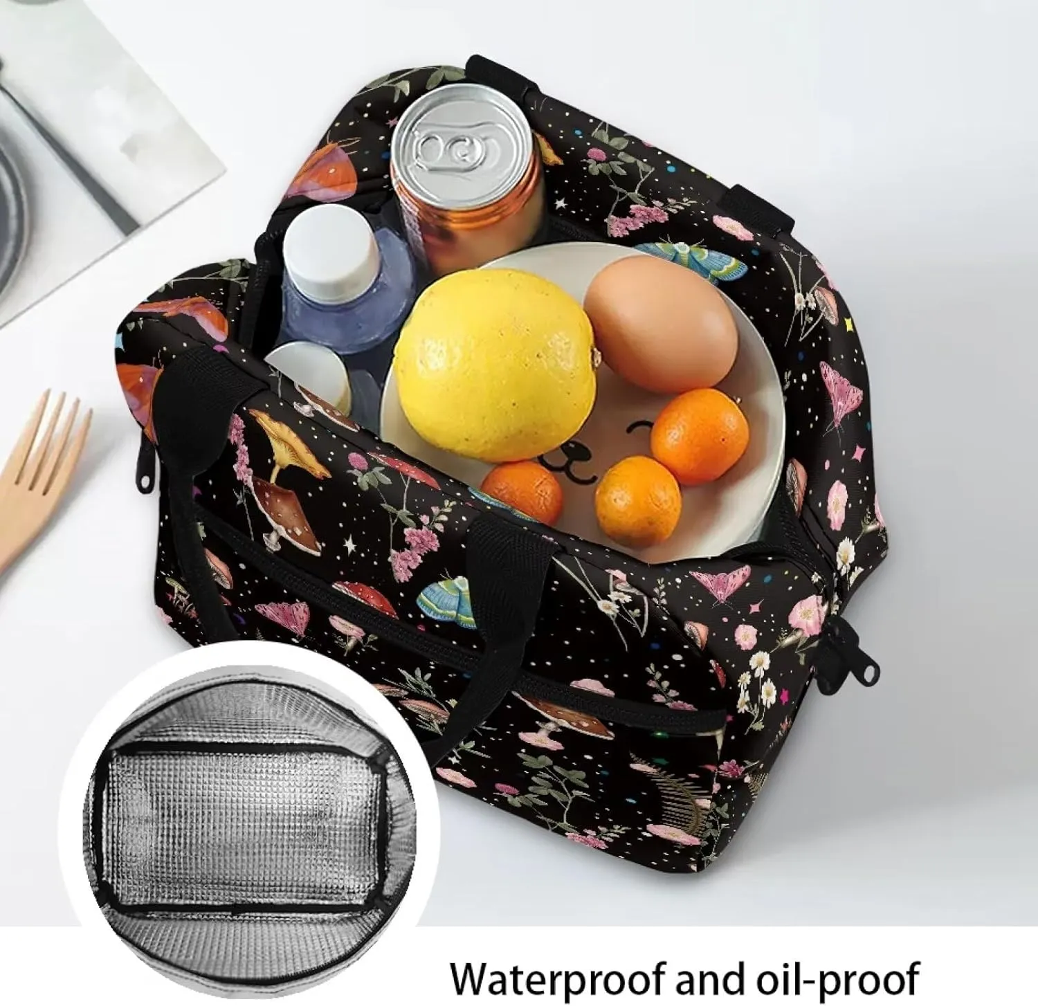 Mushroom Insulated Lunch Bags for Women Small Cute Cooler Bag Moth Floral Lunch Box for Girls Teen Lunch Tote Bag for School Travel Work Cooler Organizer with Strap