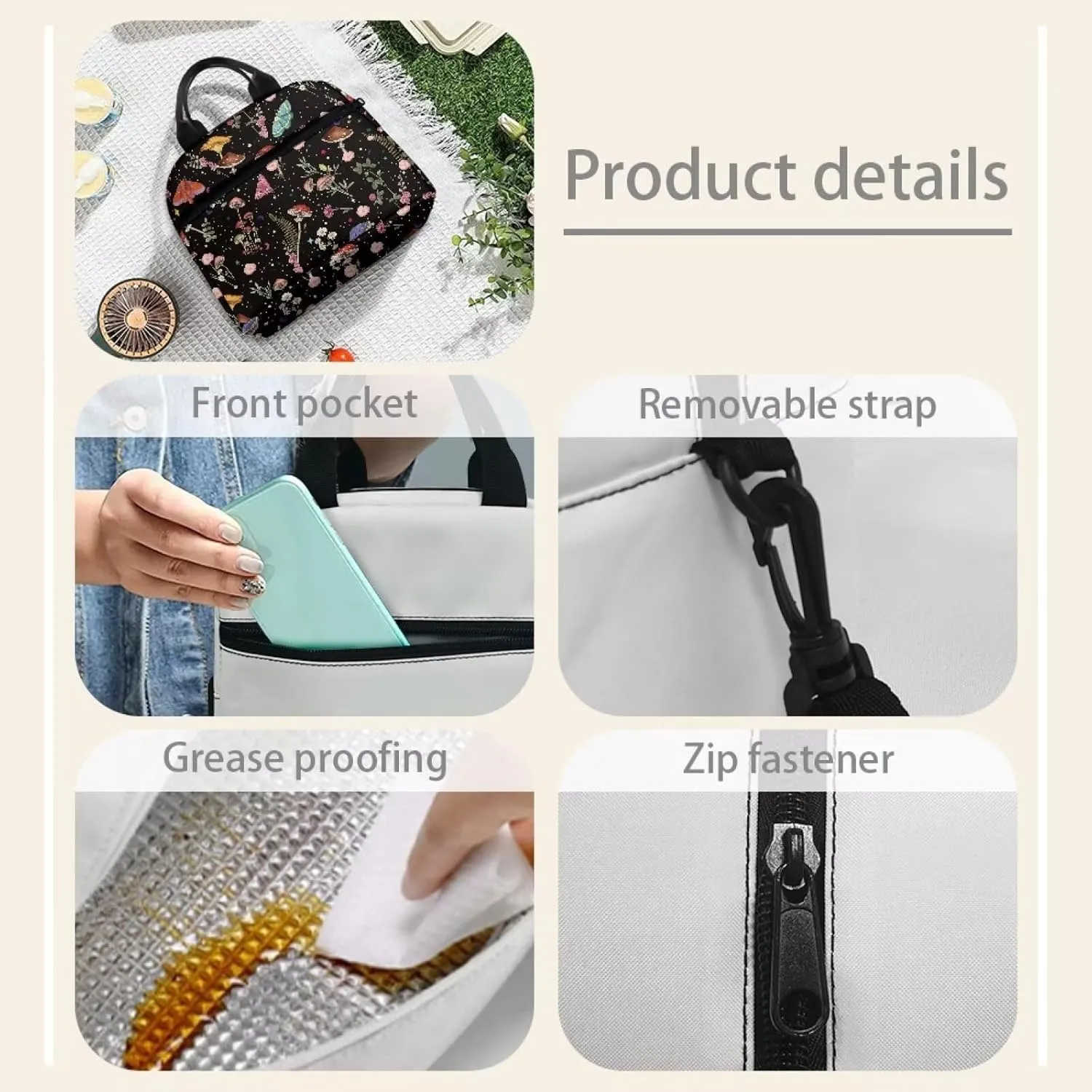 Mushroom Insulated Lunch Bags for Women Small Cute Cooler Bag Moth Floral Lunch Box for Girls Teen Lunch Tote Bag for School Travel Work Cooler Organizer with Strap