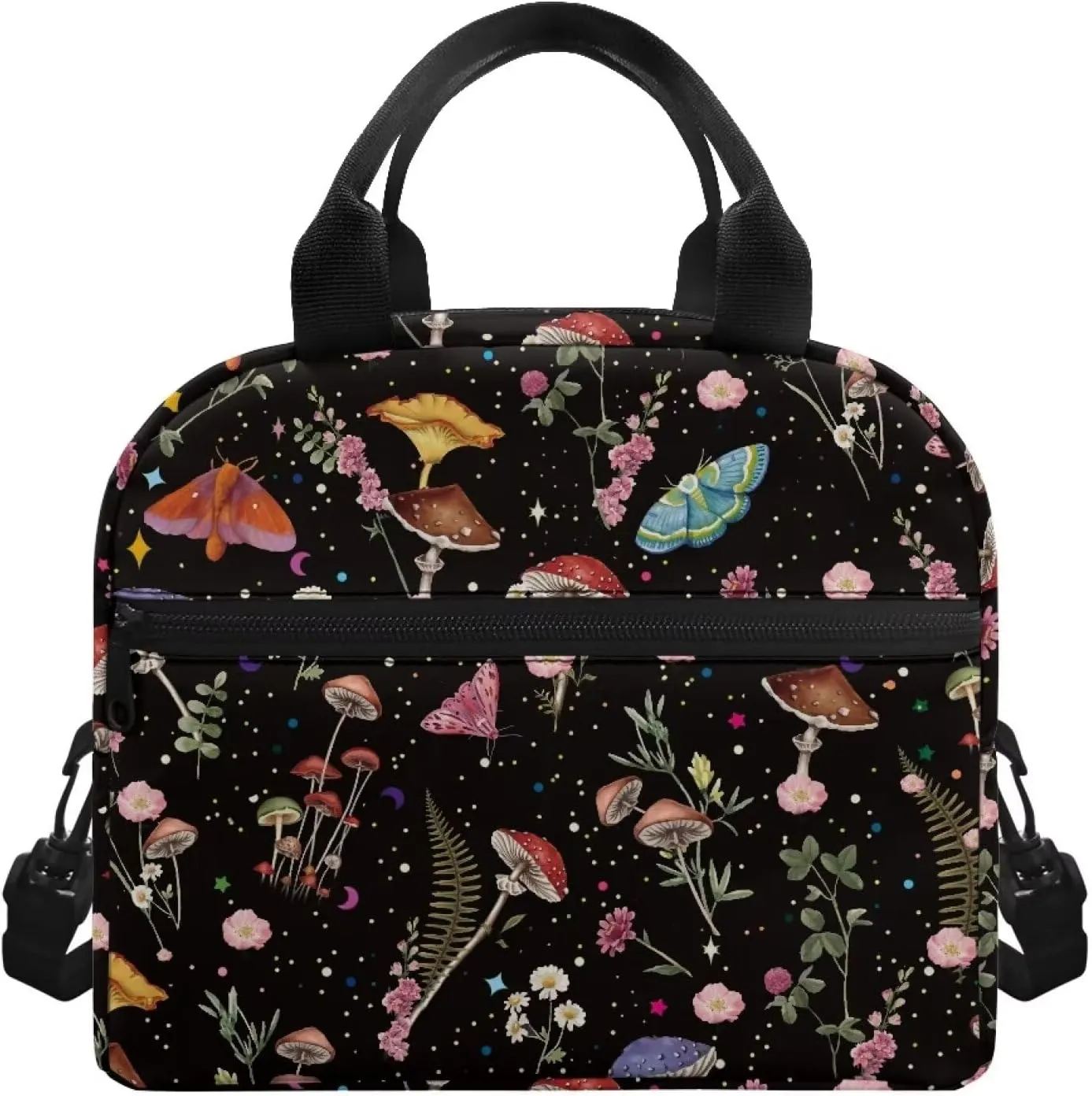 Mushroom Insulated Lunch Bags for Women Small Cute Cooler Bag Moth Floral Lunch Box for Girls Teen Lunch Tote Bag for School Travel Work Cooler Organizer with Strap