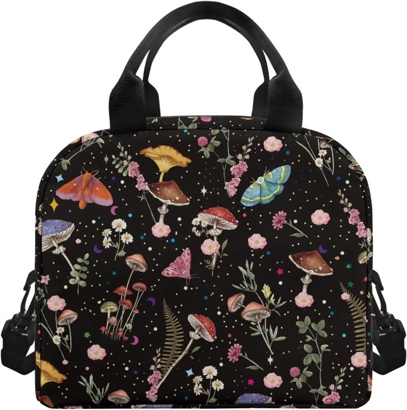 Mushroom Insulated Lunch Bags for Women Small Cute Cooler Bag Moth Floral Lunch Box for Girls Teen Lunch Tote Bag for School Travel Work Cooler Organizer with Strap