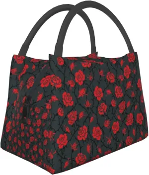Mysterious Red Roses Black Vines Insulated Lunch Bag Large Meal Box Container Portable Foldable Tote Bag Reusable Cooler Sack Leakproof Handbag for Picnic Beach Office Work