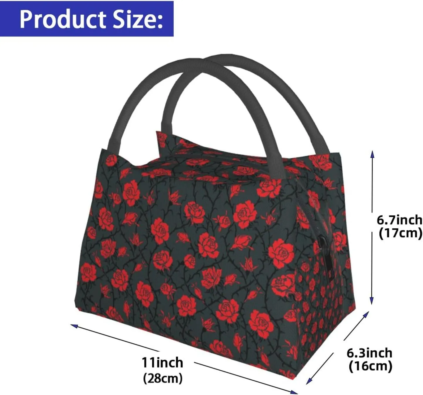 Mysterious Red Roses Black Vines Insulated Lunch Bag Large Meal Box Container Portable Foldable Tote Bag Reusable Cooler Sack Leakproof Handbag for Picnic Beach Office Work