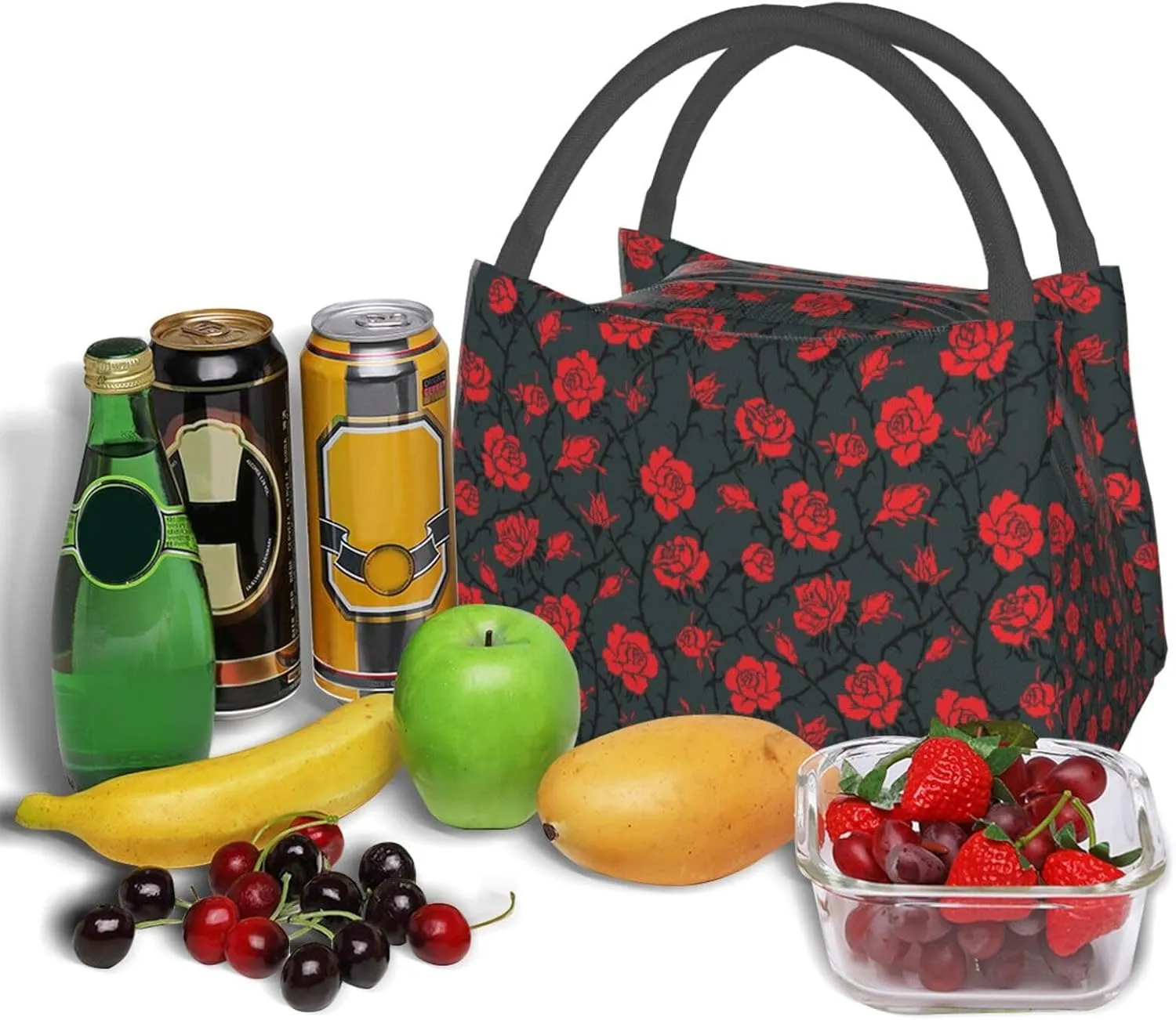 Mysterious Red Roses Black Vines Insulated Lunch Bag Large Meal Box Container Portable Foldable Tote Bag Reusable Cooler Sack Leakproof Handbag for Picnic Beach Office Work