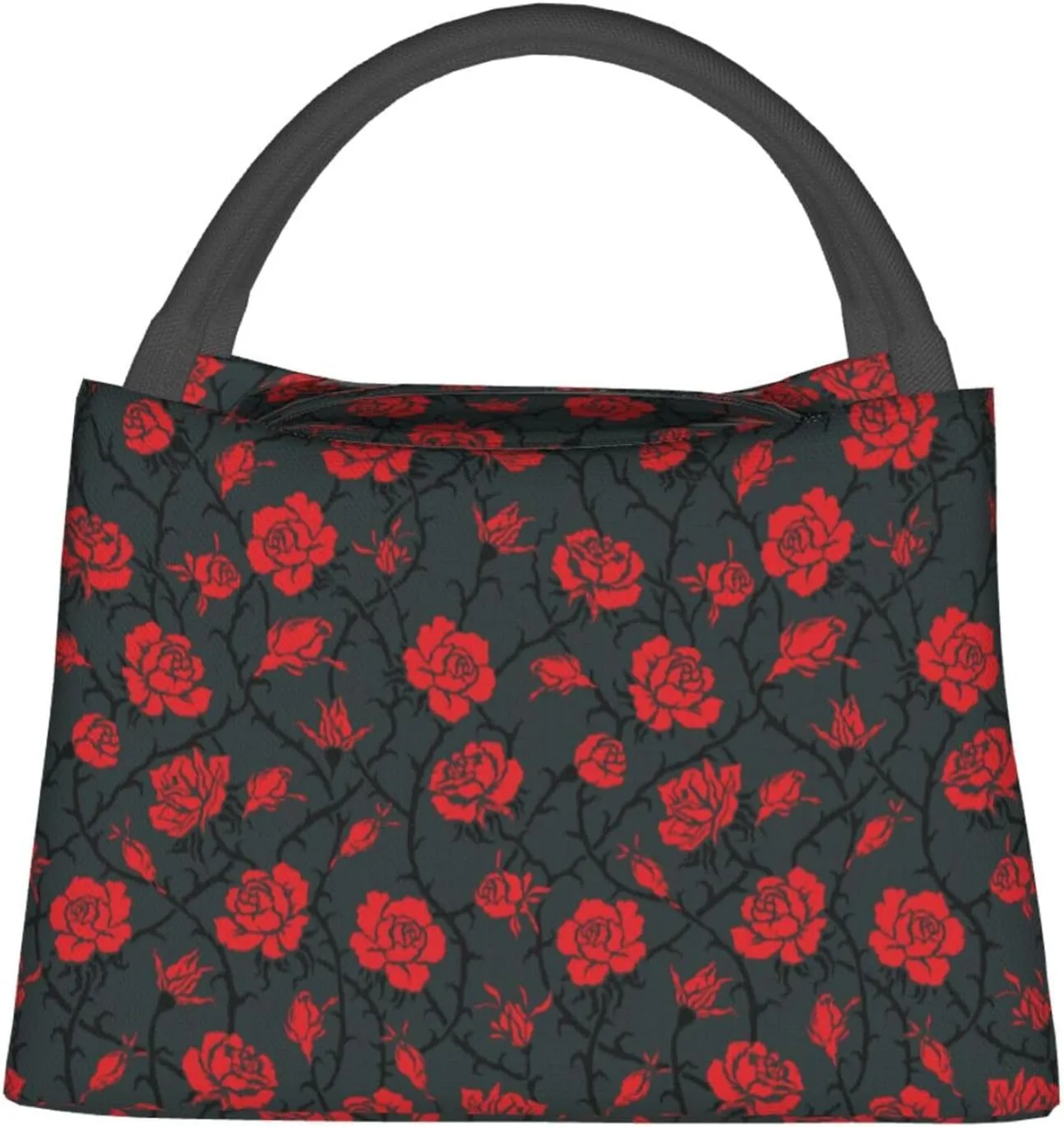 Mysterious Red Roses Black Vines Insulated Lunch Bag Large Meal Box Container Portable Foldable Tote Bag Reusable Cooler Sack Leakproof Handbag for Picnic Beach Office Work