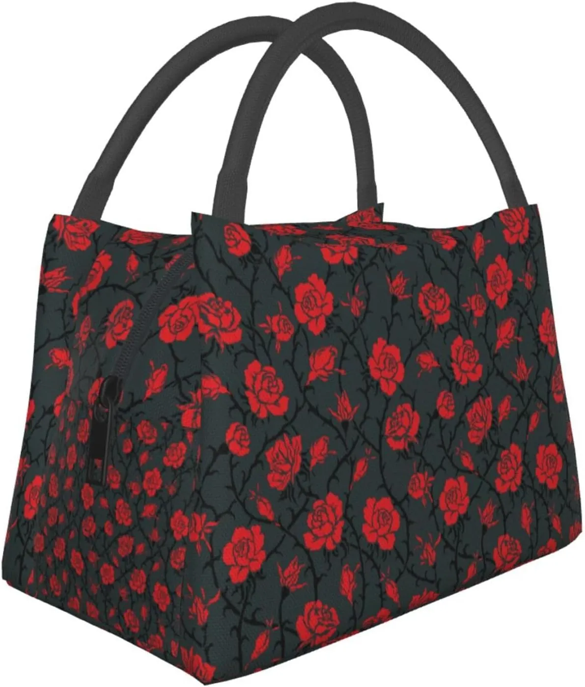 Mysterious Red Roses Black Vines Insulated Lunch Bag Large Meal Box Container Portable Foldable Tote Bag Reusable Cooler Sack Leakproof Handbag for Picnic Beach Office Work