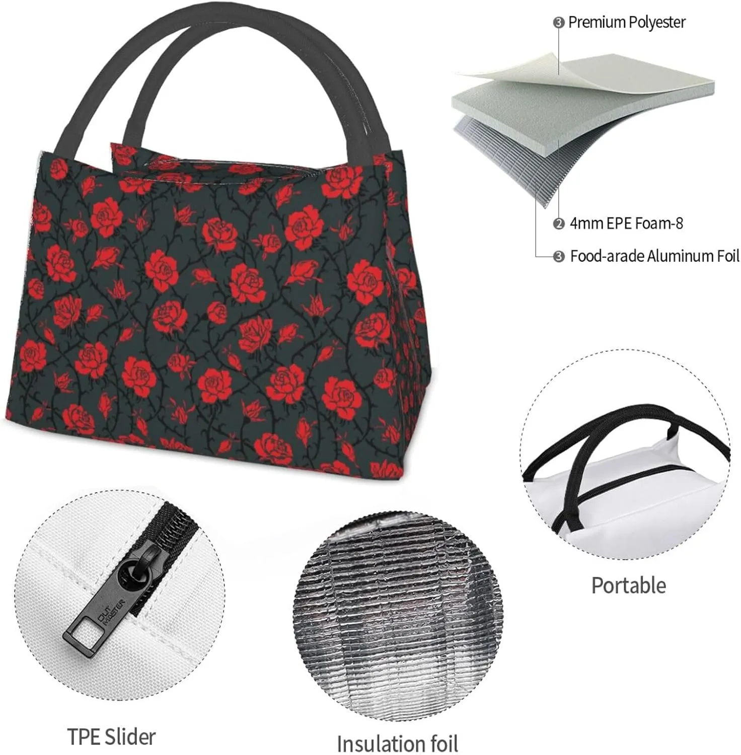 Mysterious Red Roses Black Vines Insulated Lunch Bag Large Meal Box Container Portable Foldable Tote Bag Reusable Cooler Sack Leakproof Handbag for Picnic Beach Office Work