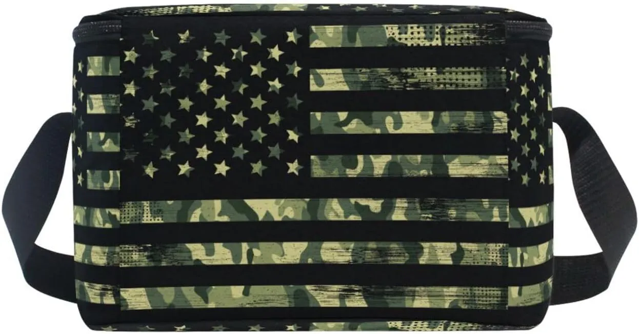 Naanle Insulated Canvas Zipper Lunch Bag Cooler Tote Bag for Kids Adult Men Women, Camouflage American Flag Long Strap Lunch Boxes Lunchboxes Meal Prep Handbag for School Office Outdoors