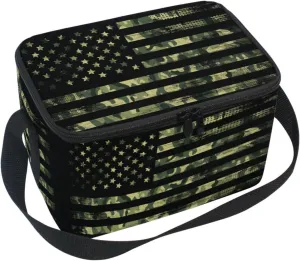 Naanle Insulated Canvas Zipper Lunch Bag Cooler Tote Bag for Kids Adult Men Women, Camouflage American Flag Long Strap Lunch Boxes Lunchboxes Meal Prep Handbag for School Office Outdoors