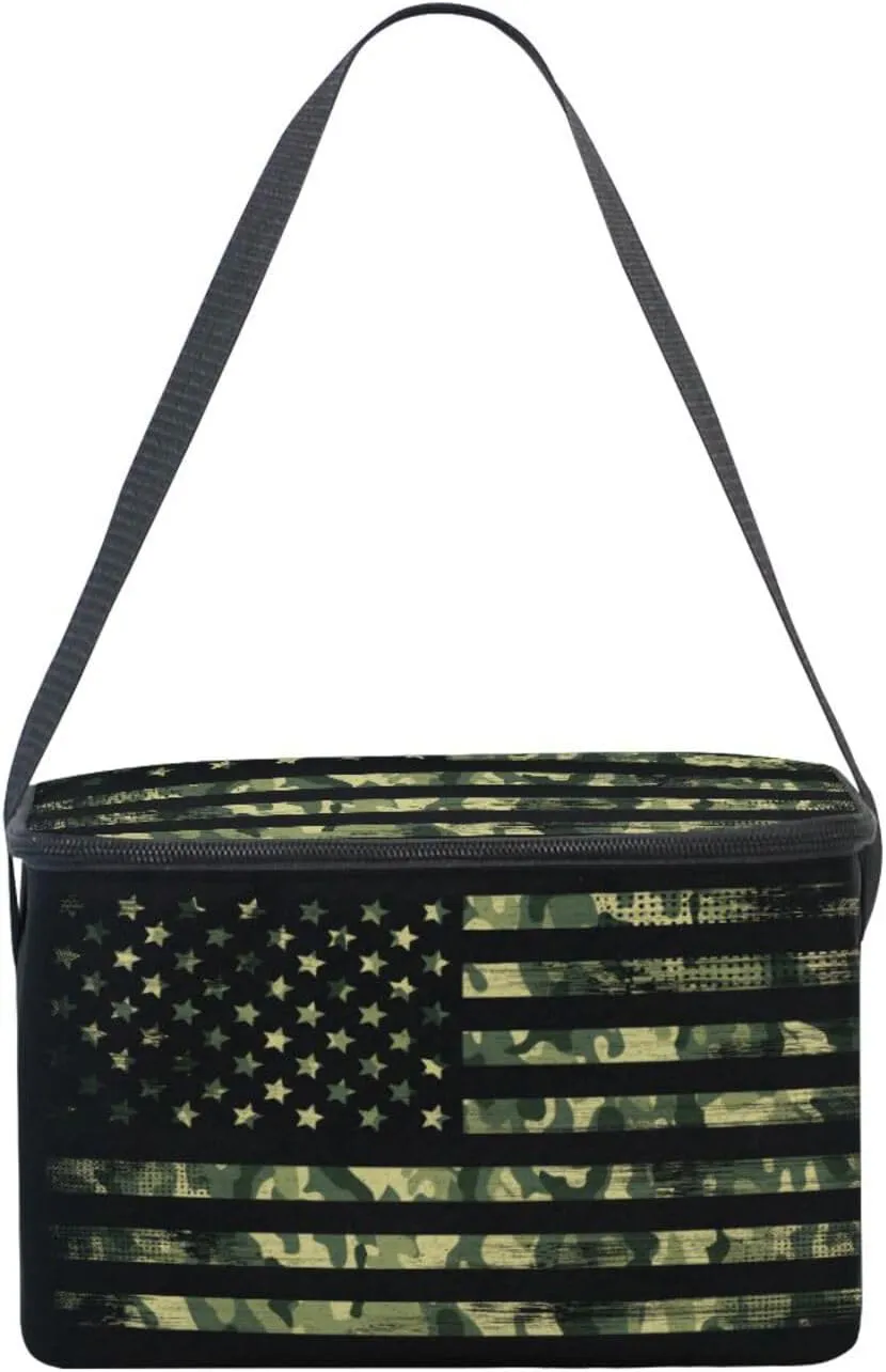 Naanle Insulated Canvas Zipper Lunch Bag Cooler Tote Bag for Kids Adult Men Women, Camouflage American Flag Long Strap Lunch Boxes Lunchboxes Meal Prep Handbag for School Office Outdoors