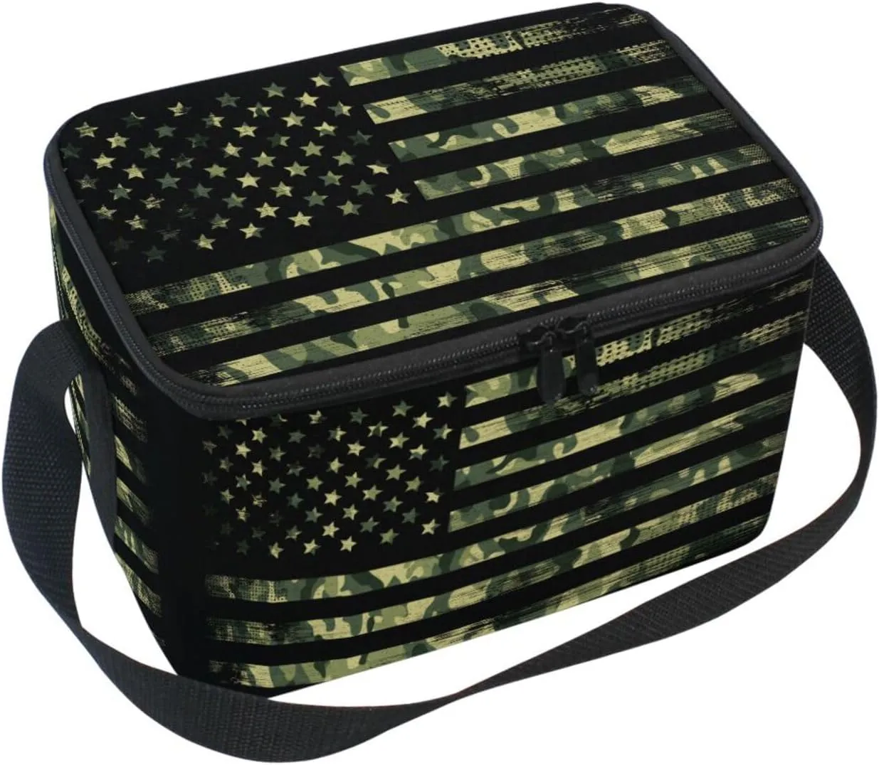 Naanle Insulated Canvas Zipper Lunch Bag Cooler Tote Bag for Kids Adult Men Women, Camouflage American Flag Long Strap Lunch Boxes Lunchboxes Meal Prep Handbag for School Office Outdoors