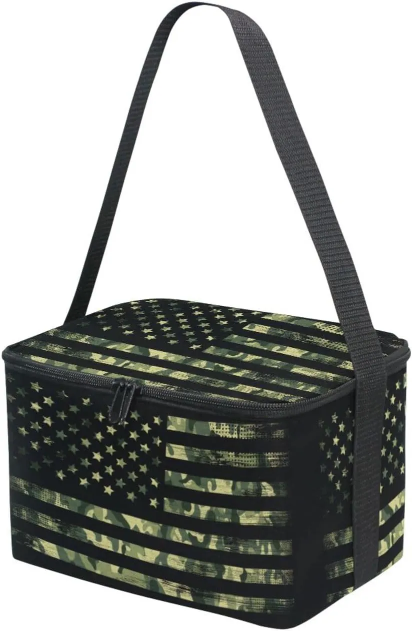 Naanle Insulated Canvas Zipper Lunch Bag Cooler Tote Bag for Kids Adult Men Women, Camouflage American Flag Long Strap Lunch Boxes Lunchboxes Meal Prep Handbag for School Office Outdoors