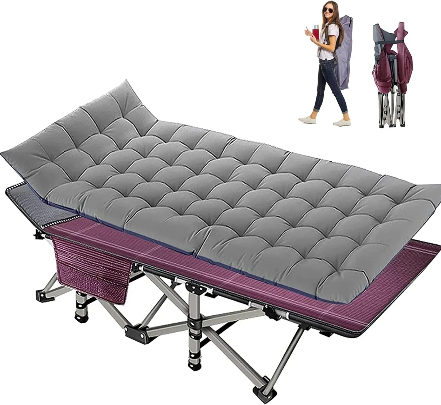 NAIZEA Folding Camping Cots for Adults, Portable Cot with Mattress Heavy Duty Outdoor Bed with Carry Bag 1200d Oxford Cloth Sleeping Cots for Camping Office Nap Home Guest Beach Travel