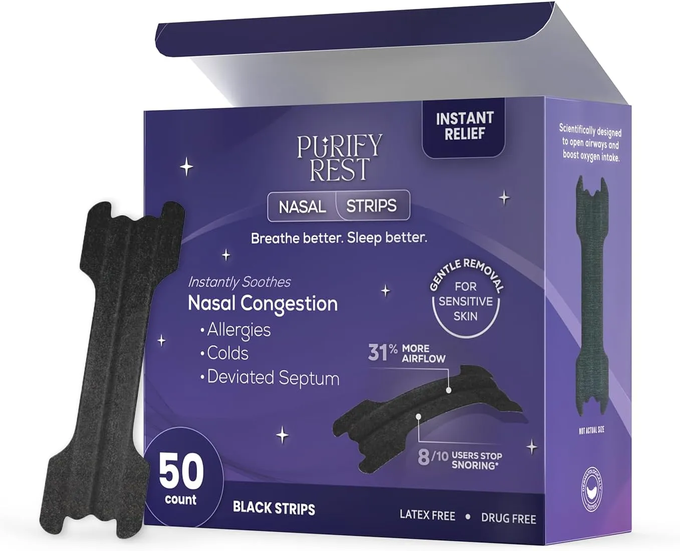 Nasal Strips for Snoring | Drug-Free Snoring Relief | Improved Breathing for Better Sleep | Skin Safe Nasal Strips | Extra Strength | Opens Nasal Passages Fast | 50 Count (Black)