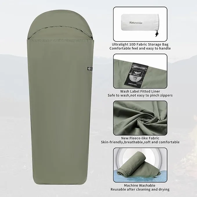 Naturehike 4.5oz Ultralight Washable Sleeping Bag Liner, Lightweight Adult Sleep Sack & Travel Sheets for Backpacking, Hotel, Camping, Hostels, ZY20