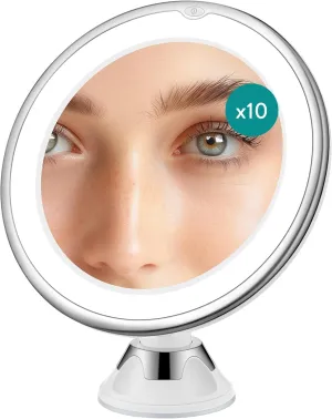 Navaris LED Magnifying Mirror with Lights - Powerful 10x Magnification for Makeup - Illuminated and Magnified Make Up Mirror with Light and Secure Suction Cup for Easy Attachment