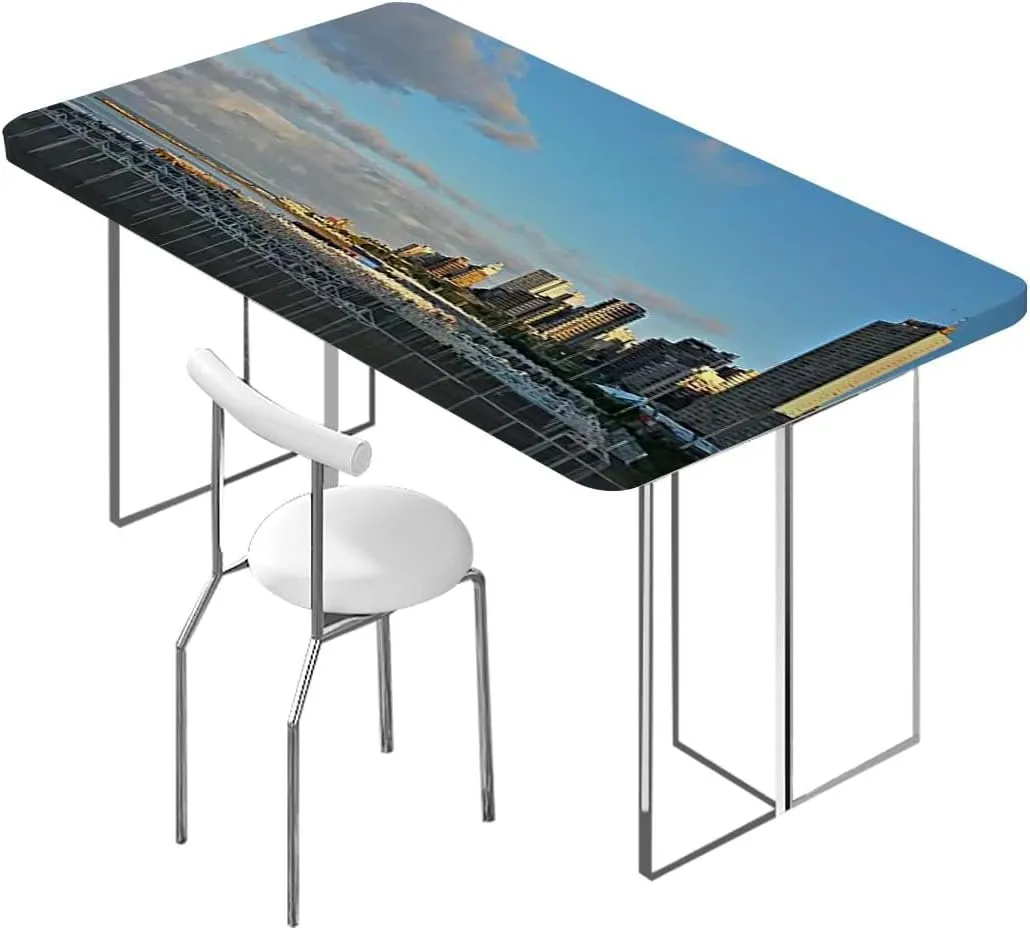 Navy Blue Rectangle Elastic Fitted Tablecloth Aerial View of City Skyline at Dusk Waterproof Spill-Easy to Wipe, Great for Picnic Party Outdoor Patio Denver Panoramic Fits up 5 Foot Tables