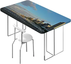 Navy Blue Rectangle Elastic Fitted Tablecloth Aerial View of City Skyline at Dusk Waterproof Spill-Easy to Wipe, Great for Picnic Party Outdoor Patio Denver Panoramic Fits up 5 Foot Tables