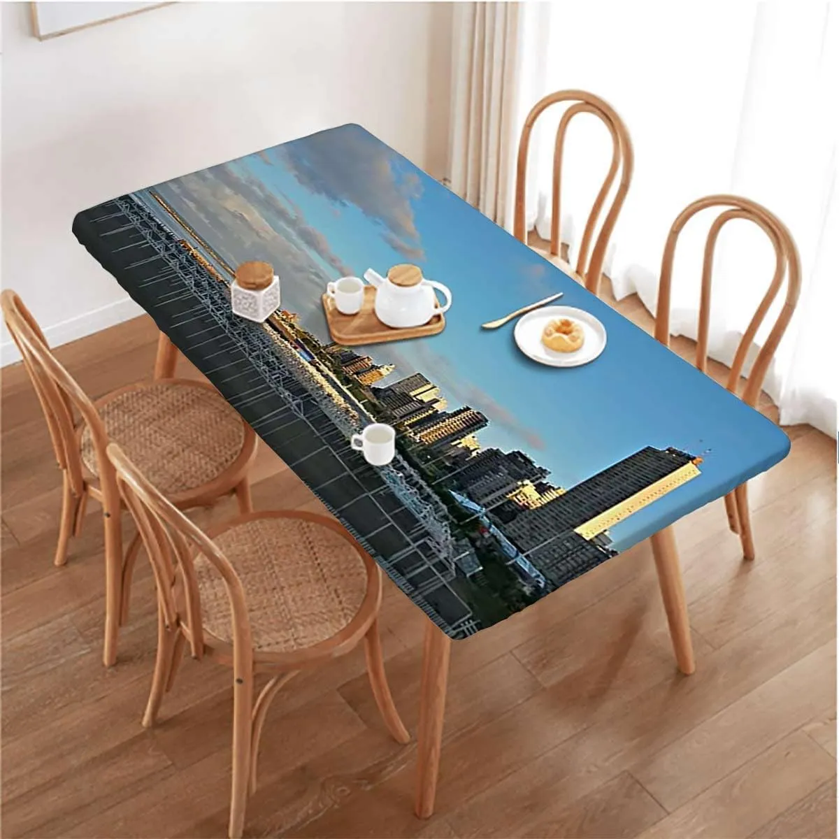 Navy Blue Rectangle Elastic Fitted Tablecloth Aerial View of City Skyline at Dusk Waterproof Spill-Easy to Wipe, Great for Picnic Party Outdoor Patio Denver Panoramic Fits up 5 Foot Tables
